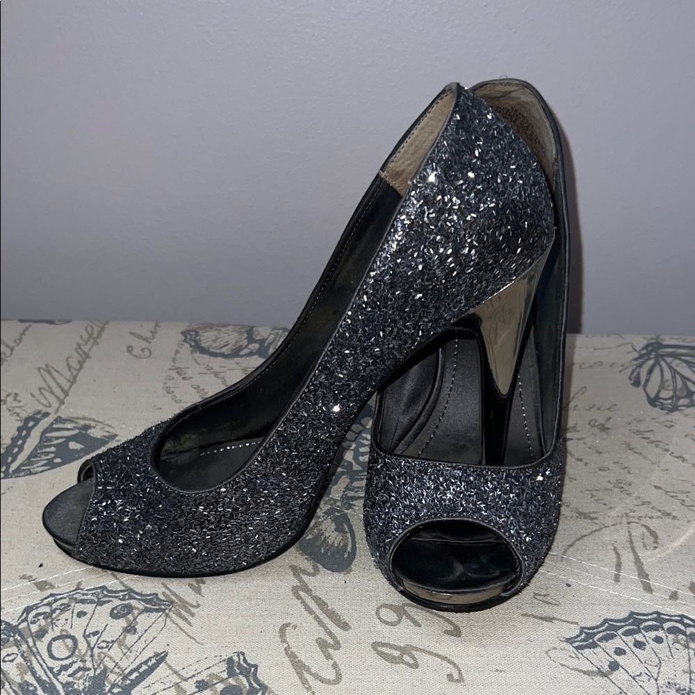 Nine West Glittery Navy Peep-Toe Heels - Picture 1 of 8